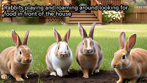 Rabbits playing and roaming around looking for food in front of the house.