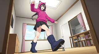Gigantic Anime Girl with a Cat Ears Magenta Hoodie and with dark blue Ugg boot step on the tiny man