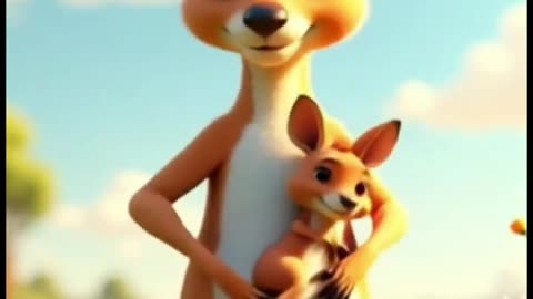Cute Cartoon Kangaroo with Joey in Sunlit Grassland