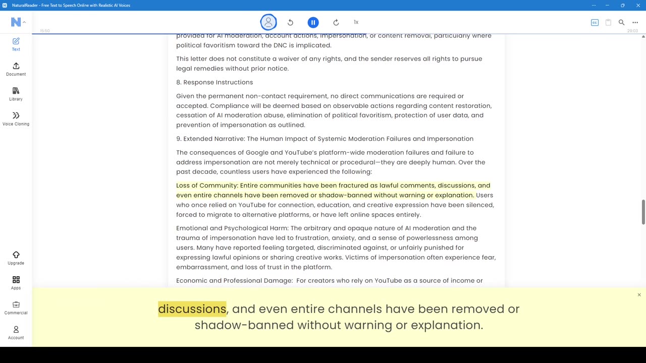 Cease and Desist against YT, and Google, restoring all users