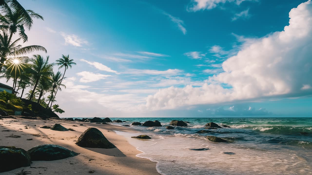 سحر الشاطئ الاستوائي وقت الغروب بدقة 2K | Tropical Beach Sunset Magic in 2K
