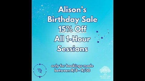 SPECIAL ANNOUNCEMENT: Alison's Birthday Sale! 15% Off All 1-Hour Sessions - Sept 8th-30th