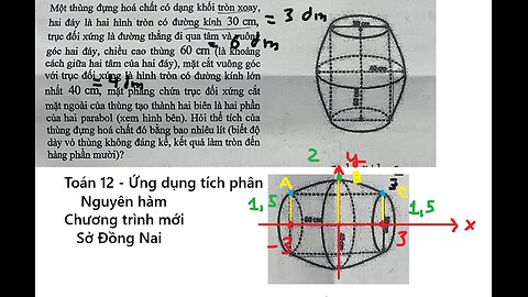 Sở Đồng Nai: Tích phân: Một thùng đựng hoá chất có dạng khối tròn xoay, hai đáy là hai hình tròn có