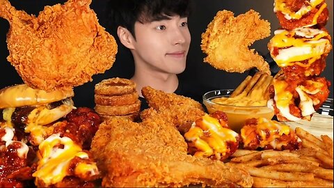 Fried chicken, spicy cheese fried chicken, cheeseburger, French fries, fried onion rings
