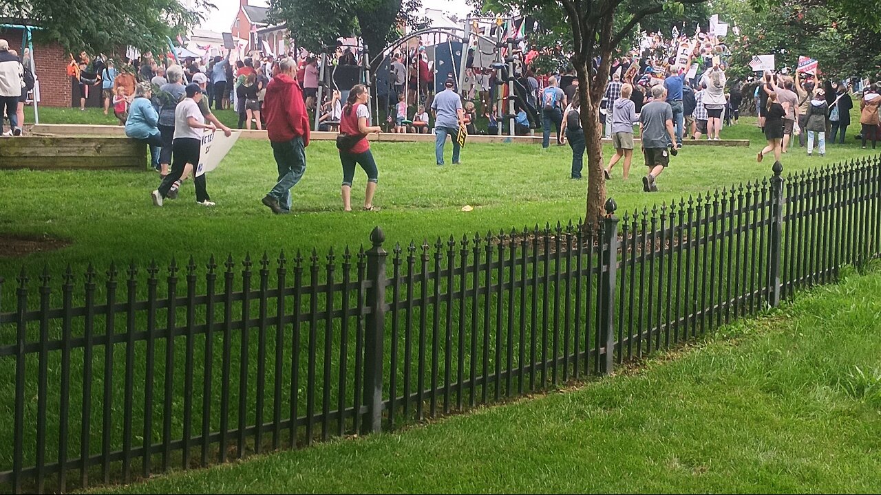 Live from Mullinix Park, Frederick, MD, "No Kings" protesters wave flags, chant "No Thrones,"