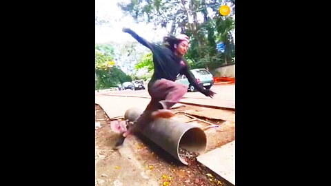 Simplang Trip 256: Pipe line skating exhibition jump accidentally fell down to sit ups exercise.