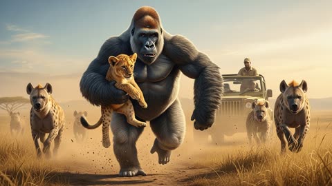 Gorilla Saves Lion Cub From Hyenas! Incredible Rescue