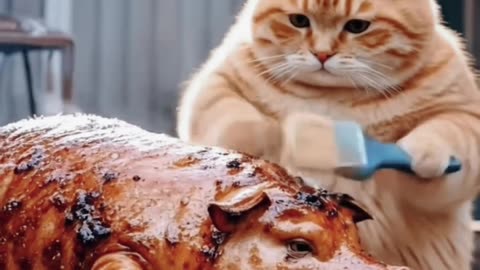 Fluffy Cat | Eating Pig