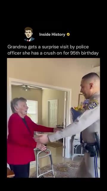 Grandma gets a surprise visit by police officer she has a crush on for 95th birthday