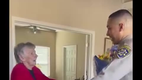 Grandma gets a surprise visit by police officer she has a crush on for 95th birthday