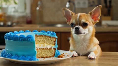 A tiny, round Chihuahua sitting on a kitchen counter next to a half-eaten birthday cake
