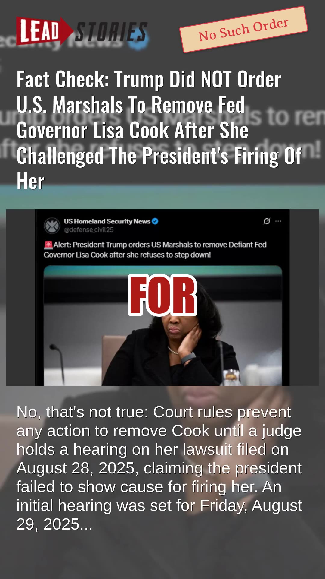 Fact Check: Trump Did NOT Order Marshals To Remove Fed Governor Lisa Cook After Firing Challenged