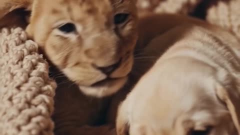 Baby Lion Cub & Labrador Puppy Share the Sweetest Cuddle