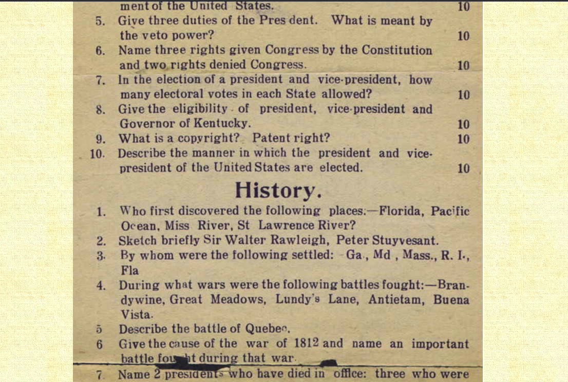 1912 Eighth Grade Examination for Bullitt County Schools