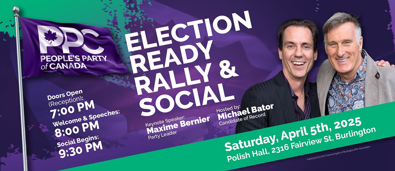 Maxime Bernier, Michael Bator and PPC candidates at the Burlington PPC rally on April 5, 2025