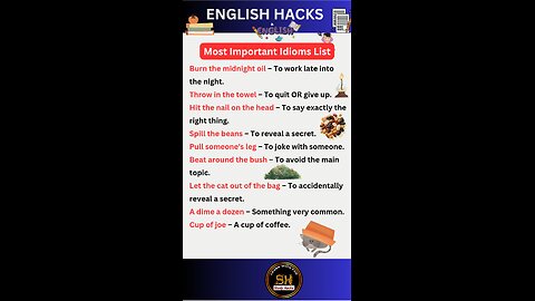 Most important Idioms list you need to know #studyhacks123 #english #idioms #shorts