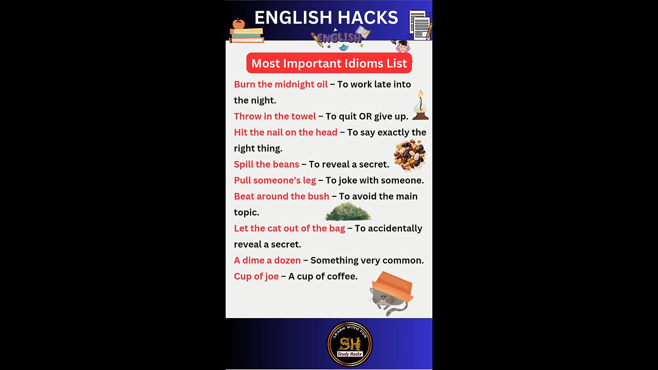 Most important Idioms list you need to know #studyhacks123 #english #idioms #shorts