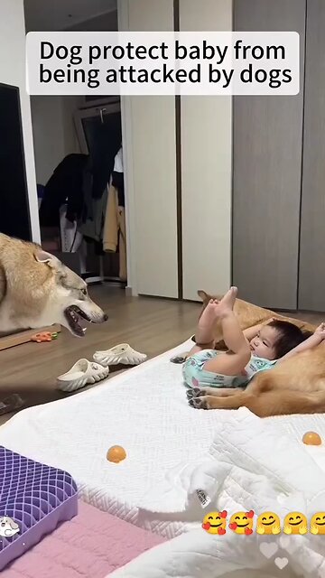 dog protect cute baby