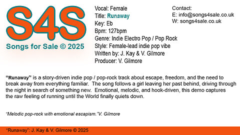 Runaway (Key Eb) 127bpm (2025) S4S (Songs 4 Sale) for Female Vocal