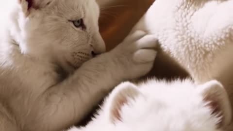 Rare White Lion Cub Cuddles Fluffy Samoyed Puppy