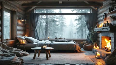 Cozy Cabin Bedroom with Fireplace & Forest Rain Sounds