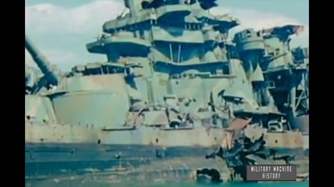 Heavily damaged Japanese battleship Ise in Kure harbor