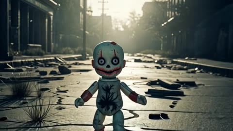 Creepy Horror doll walking in abandoned street