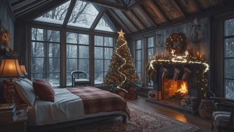 Cozy Christmas Bedroom ambience with fireplace and winter snowfall ambience