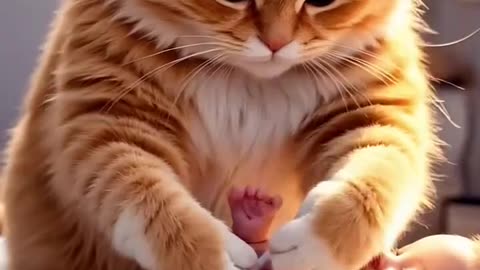 Chubby cat help a cute baby for home and milking
