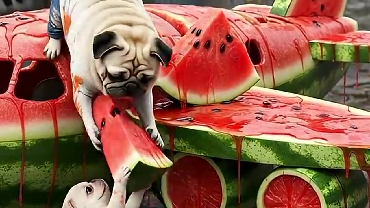 The poor pug and his puppy's watermelon airplane was destroyed by the cats 😢💔 #pug #cat #funny