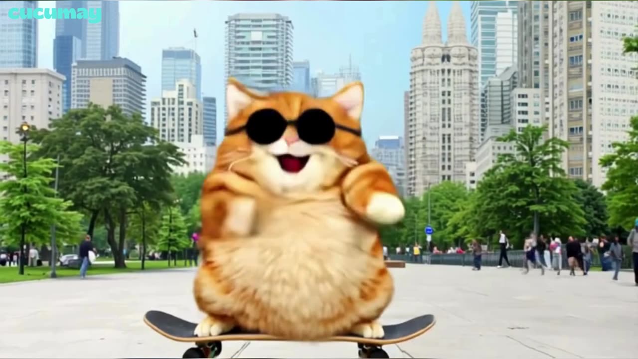 A chubby cat wearing sunglasses, dancing on a skateboard in streets