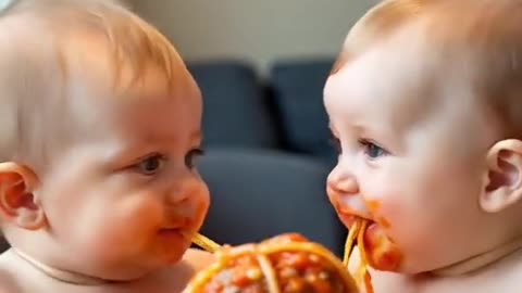 Cute babies eating