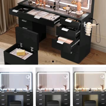 Dressing Table with LED Lights! Featuring a sleek black glass top