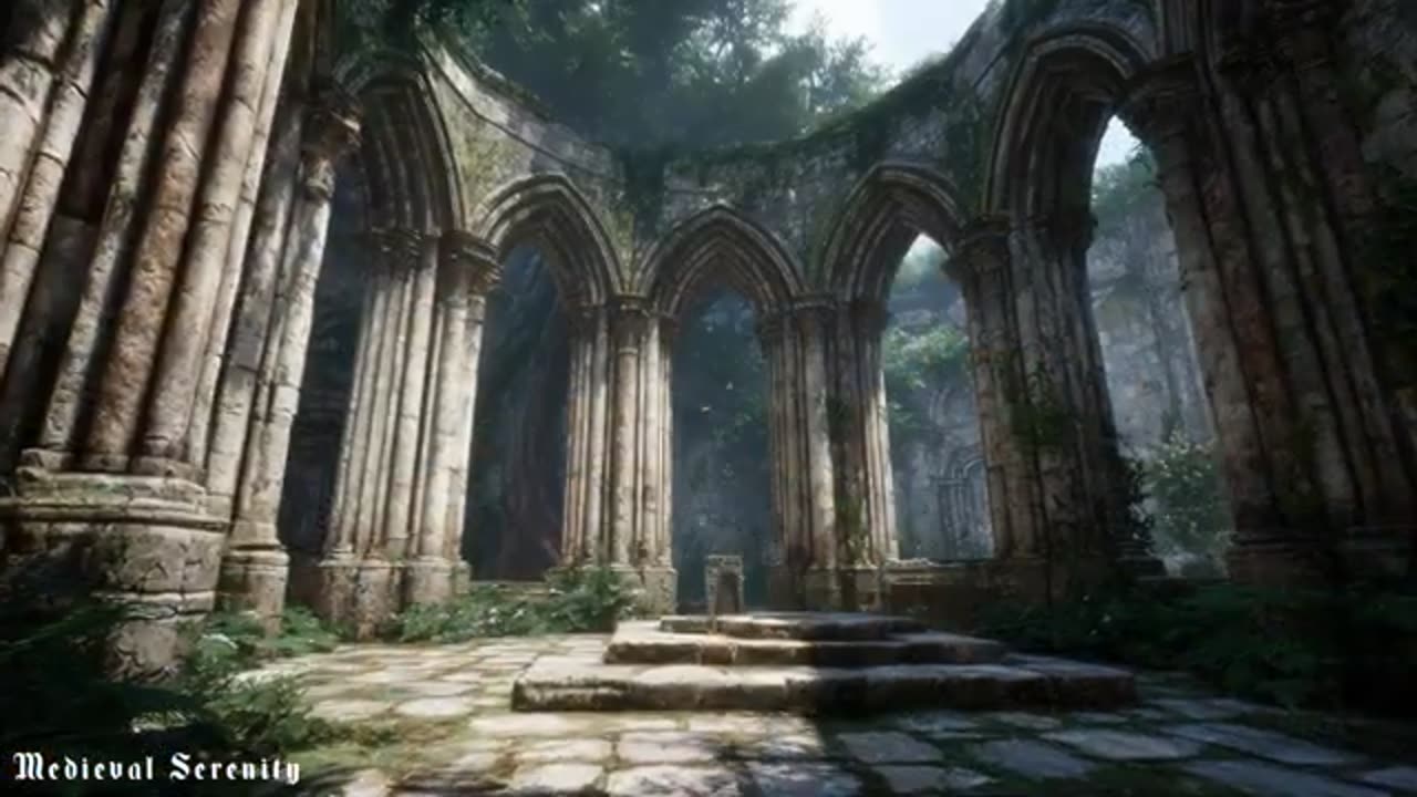 Enchanted Medieval Garden Courtyard with Candlelight and Fountain