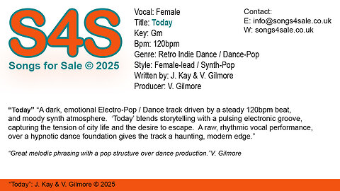Today (Key Gm) 120bpm (2025) S4S (Songs 4 Sale) for Female Vocal