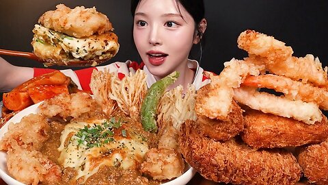 Cheese Curry Rice, Crispy Chicken, Fried Enoki, Pork Cutlet & Shrimp Tempura | Mukbang ASMR