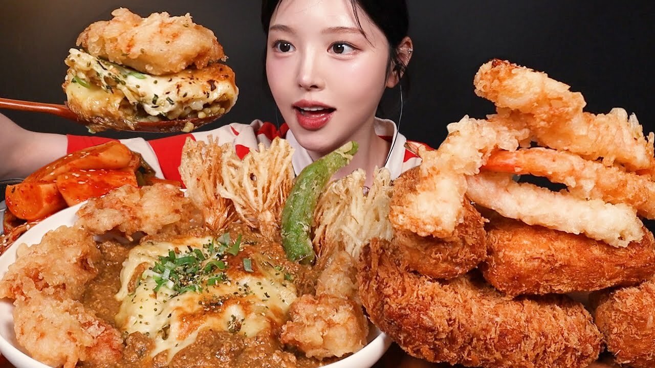 Cheese Curry Rice, Crispy Chicken, Fried Enoki, Pork Cutlet & Shrimp Tempura | Mukbang ASMR