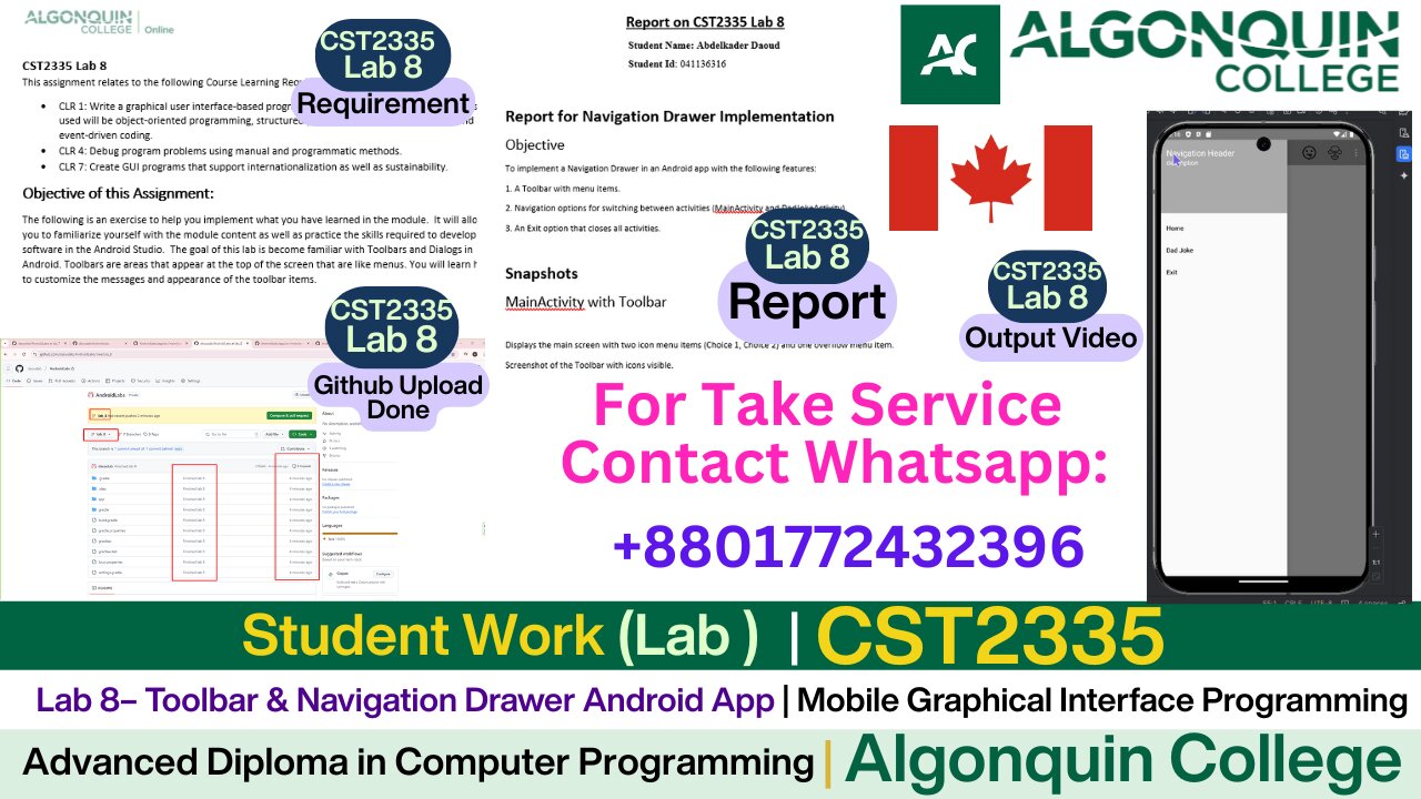 Client Work (Output) | CST2335 Lab 8 Android App – Java Toolbar + Drawer | Algonquin college