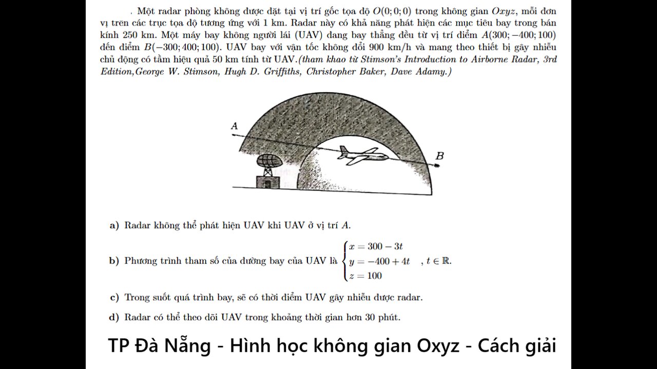 Một radar phòng không được đặt tại vị trí gốc tọa độ O(0; 0; 0) trong không gian Oxyz, mỗi đơn