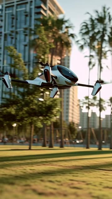 futuristic drone at fast speed and landing in an open park
