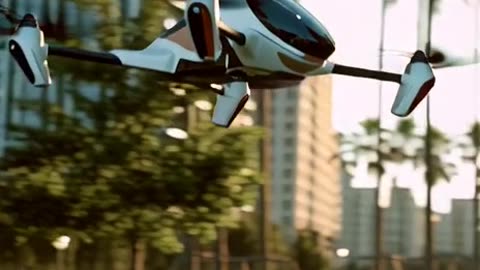 futuristic drone at fast speed and landing in an open park