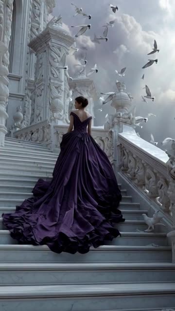 a long purple ball gown, walking down over a white marble staircase