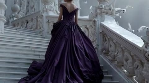 a long purple ball gown, walking down over a white marble staircase