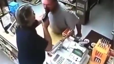 Store clerk with Hollywood bad ass reflexes.