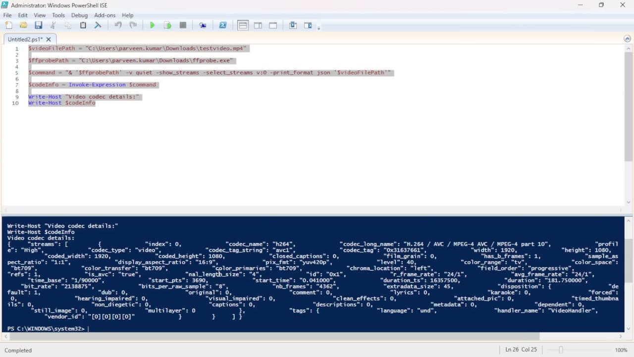 Extract Video Codec Information Using PowerShell and FFprobe
