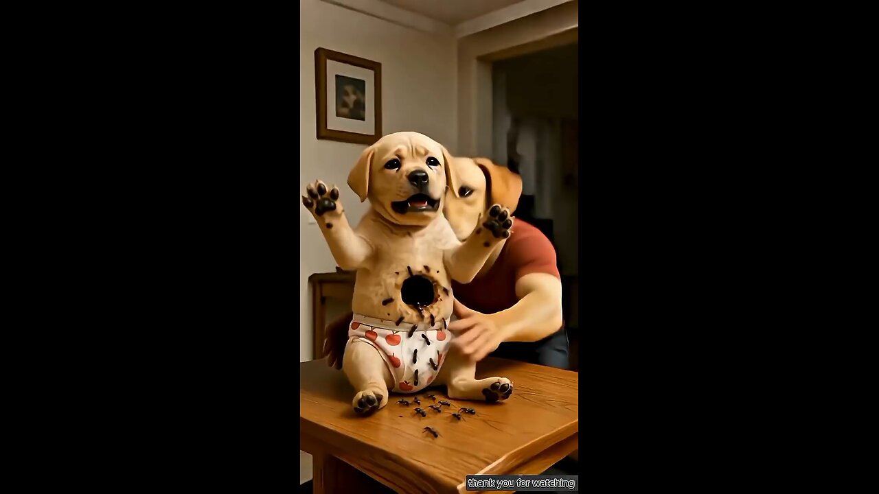 dog happily eats an ice cream, not knowing ants are inside it. Soon,