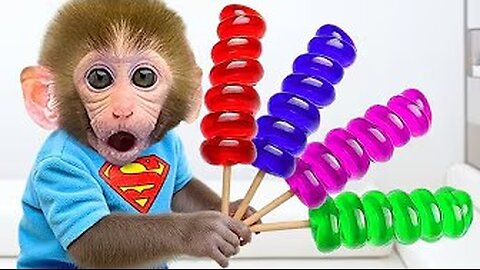 Monkey Baby Bon Bon goes supermarket to buy rainbow candy and plays with the puppy in the garden