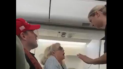 Liberal woman on plane has a TEMPER-TANTRUM over the RED MAGA HAT man seated beside her.