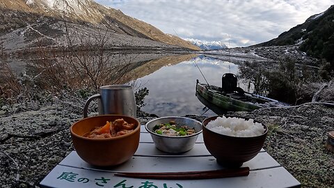 FREEZING winter truck camping, cooking hearty food and kayak fishing at a mountain lake