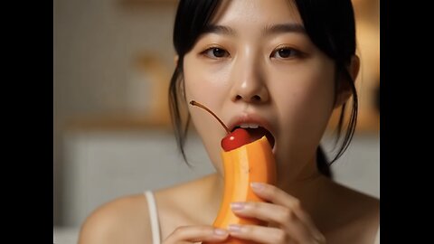 Adult East Asian girl Eating a orange banana with red cherry on top